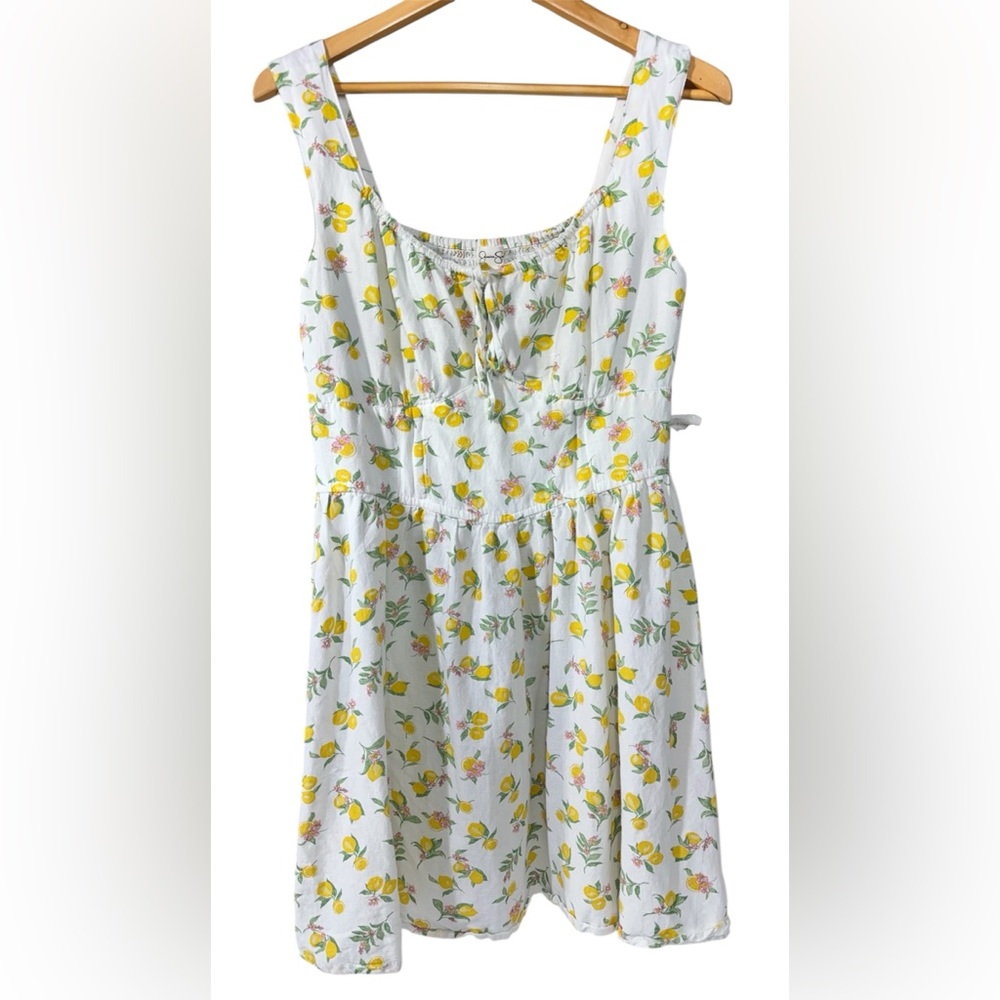 Jessica Simpson Linen Blend Yellow Lemons Print Sun Dress Smocked Milkmaid | XL